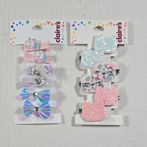 Claire's Glitter and Bow Hair Clips Set - Pink, Silver, Blue